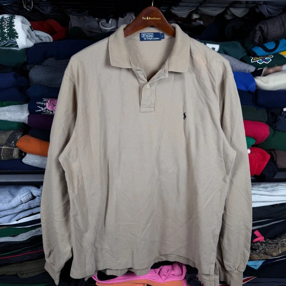 Polo Ralph Lauren Rugby Mens Large Tan Long Sleeve Polo Shirt Beige 90s‎ Vintage